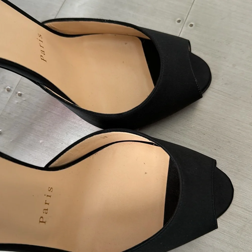 Christian Louboutin pensamoi black satin crystal peep toe stiletto RARE sz 38